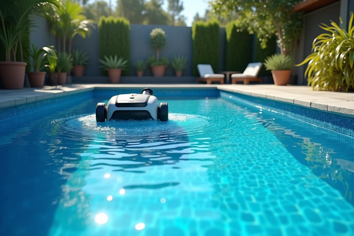 Piscine bleue brillante dans le jardin avec nettoyeur robot