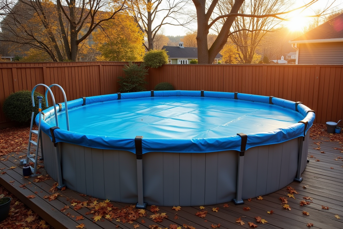 Piscine hors sol avec couverture bleue sur terrasse en automne