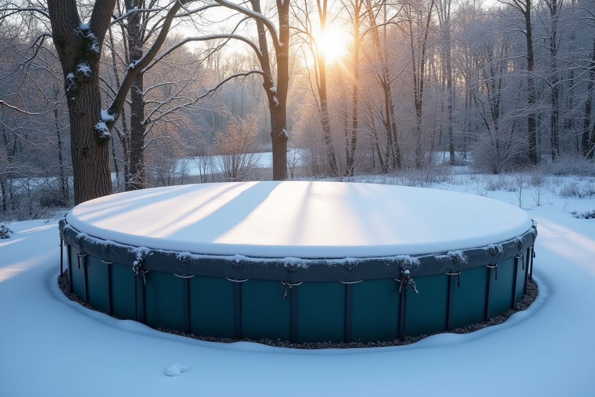 Piscine hors sol couverte en hiver avec neige et paysage glacé