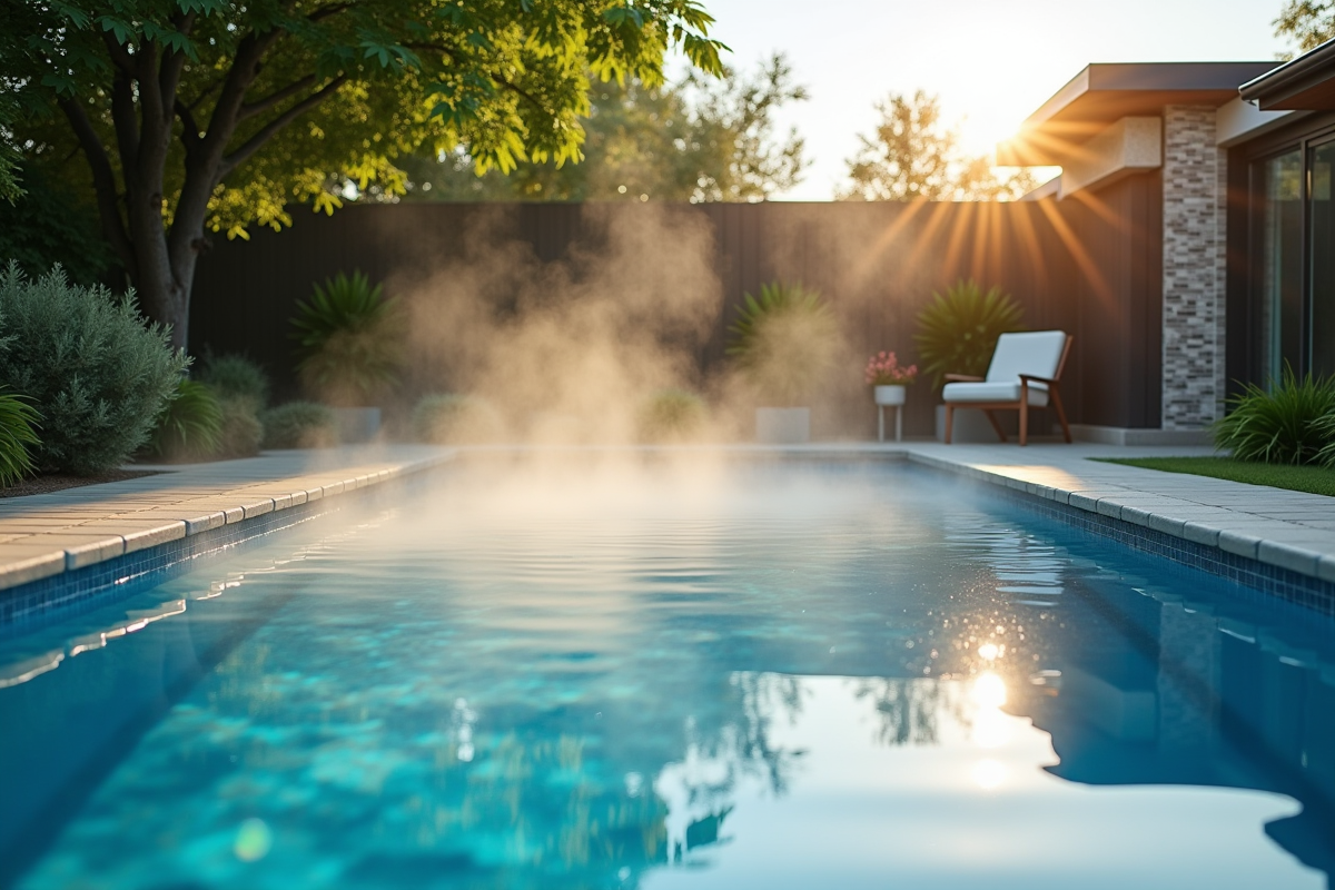 Piscine extérieure moderne avec pompe à chaleur visible