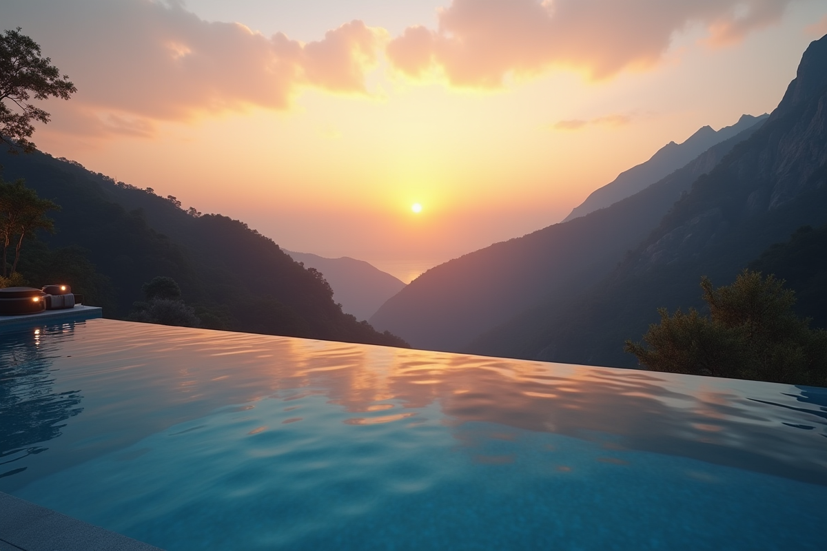Piscine infinity au coucher du soleil avec vue sur la montagne