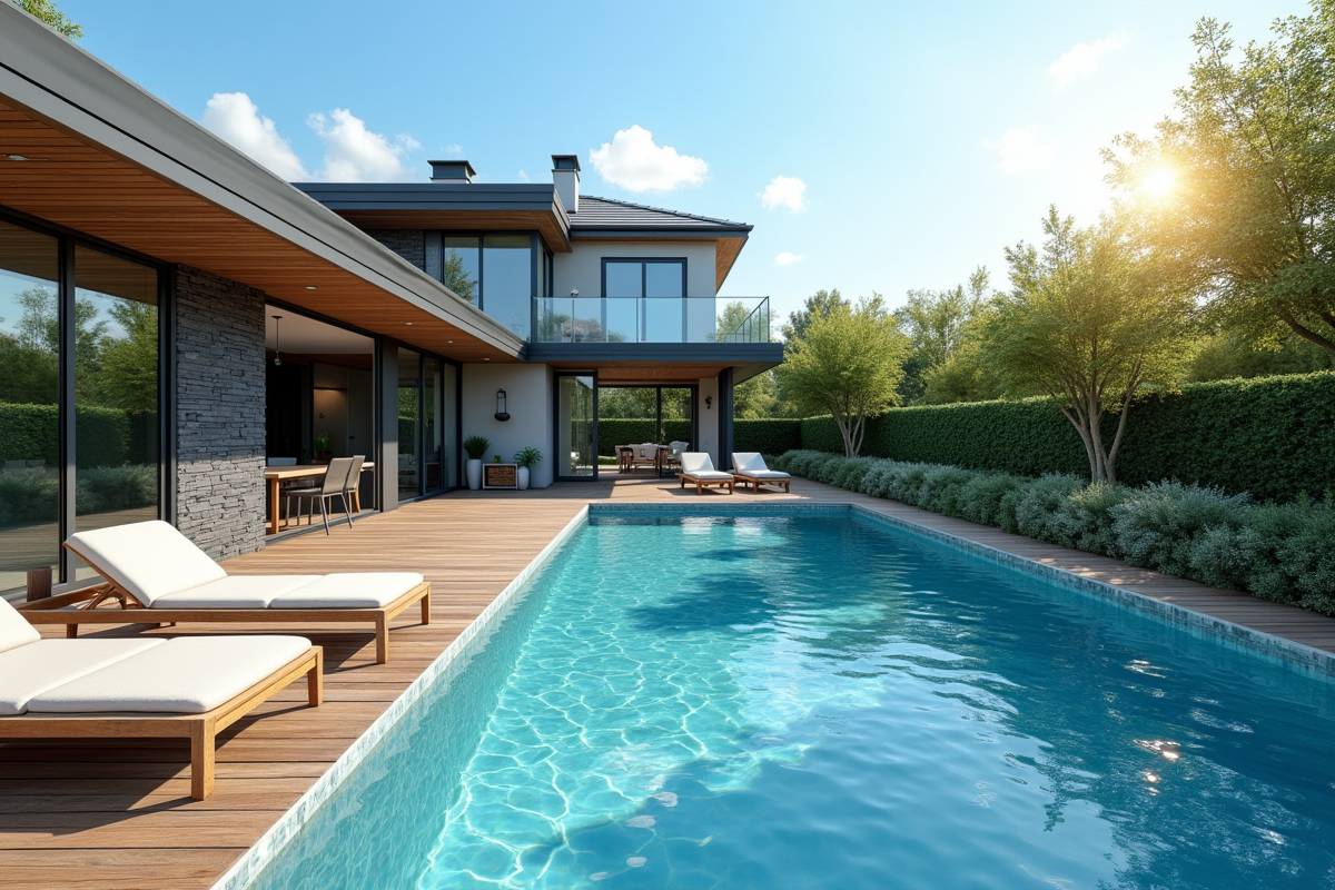 Piscine extérieure moderne dans un jardin bien entretenu