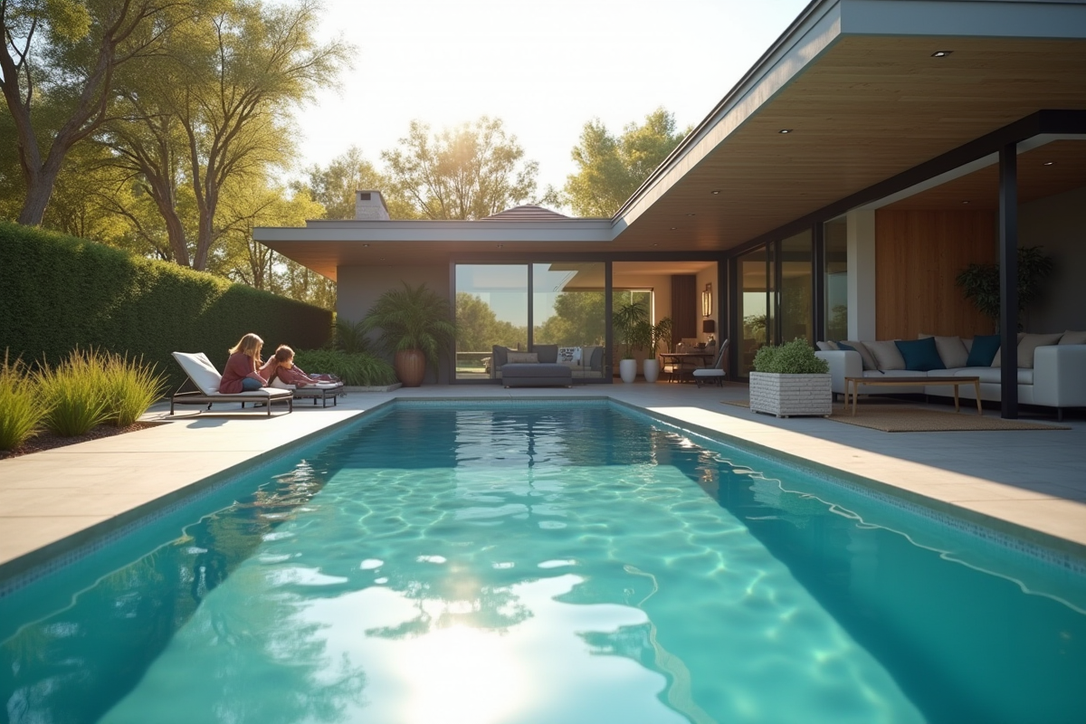 Famille près de la piscine dans le jardin moderne