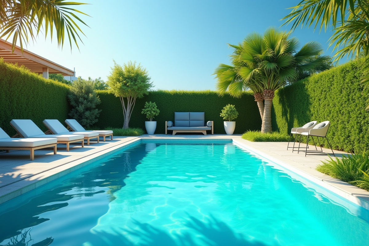 Piscine turquoise dans un jardin moderne avec plantes vertes