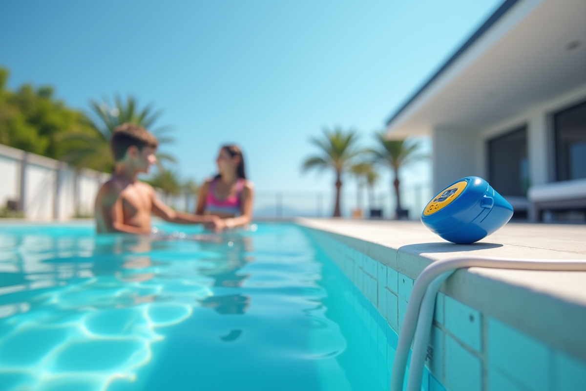 Piscine moderne avec alarme visible et famille jouant en sécurité