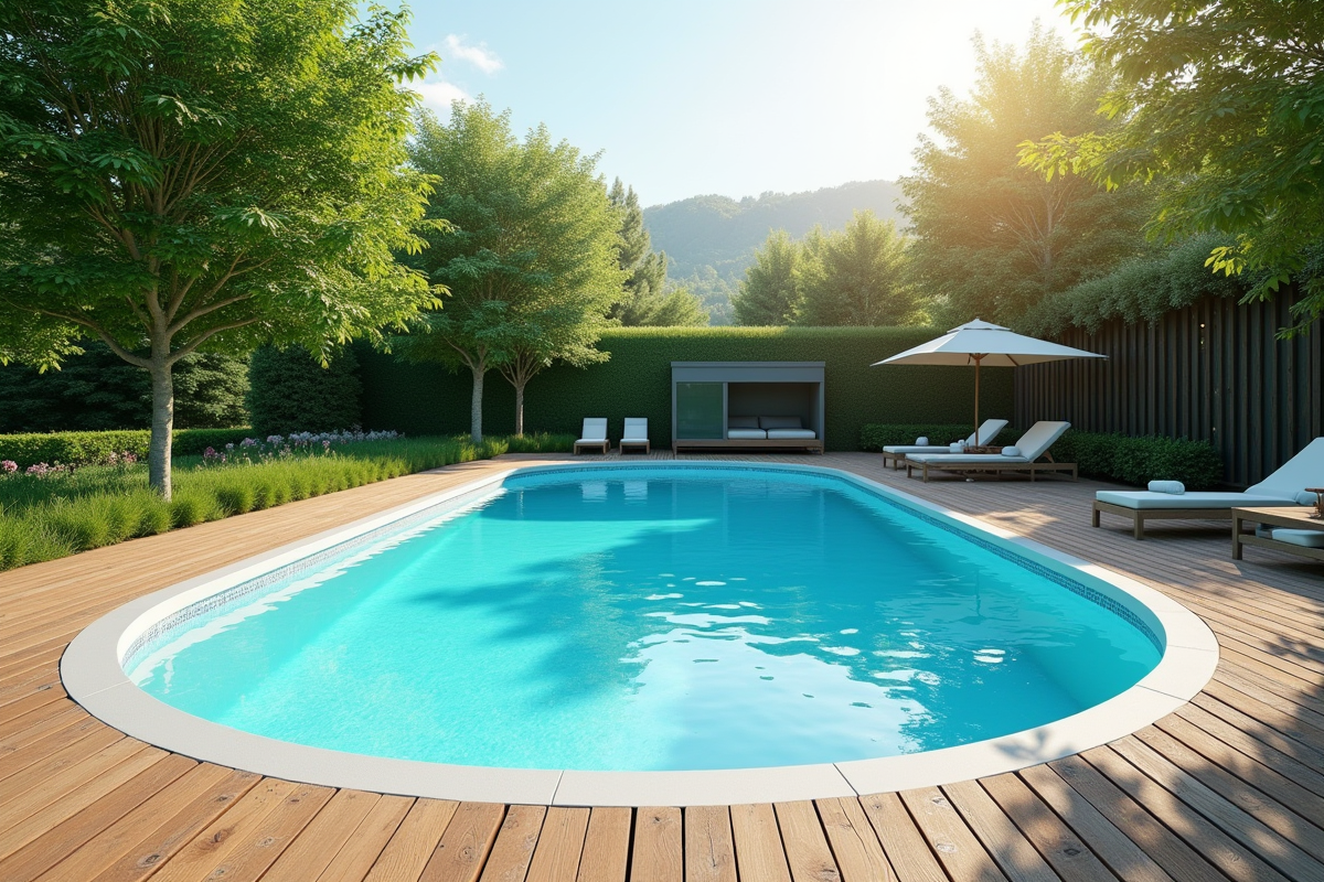 Piscine semi-enterrée moderne avec terrasse en bois et jardin vert