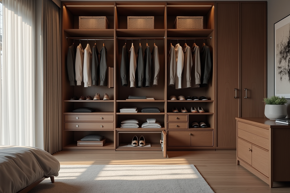 Placard dans une chambre avec coffre intégré discret et organisé