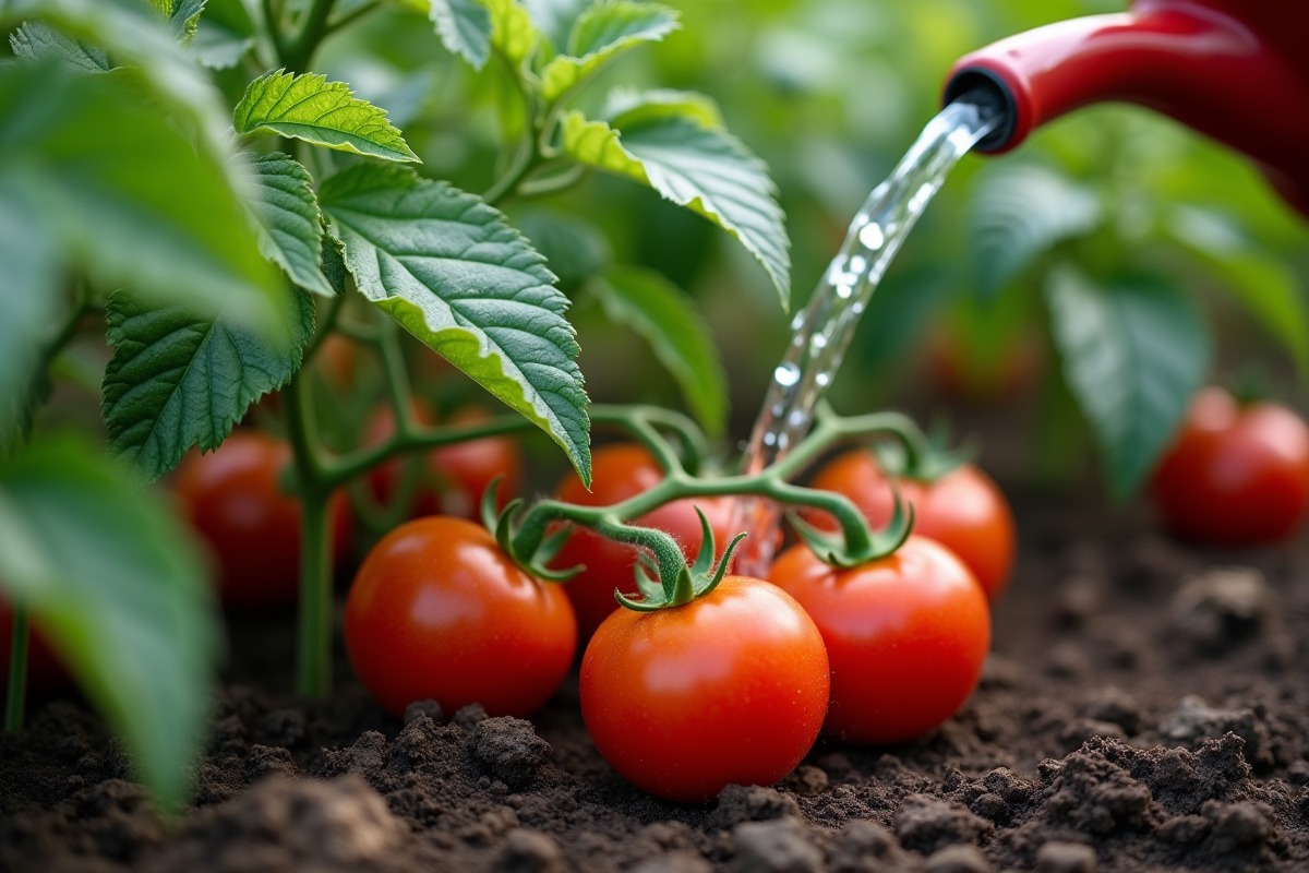 Jeune plant de tomates sain avec feuilles vert foncé et tomates en maturation