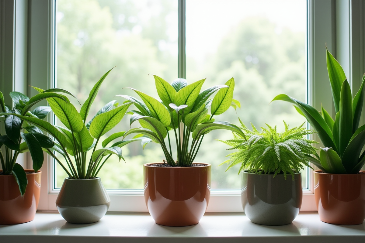 Dramatique gros plan de plantes toxiques en pots sur une fenêtre lumineuse