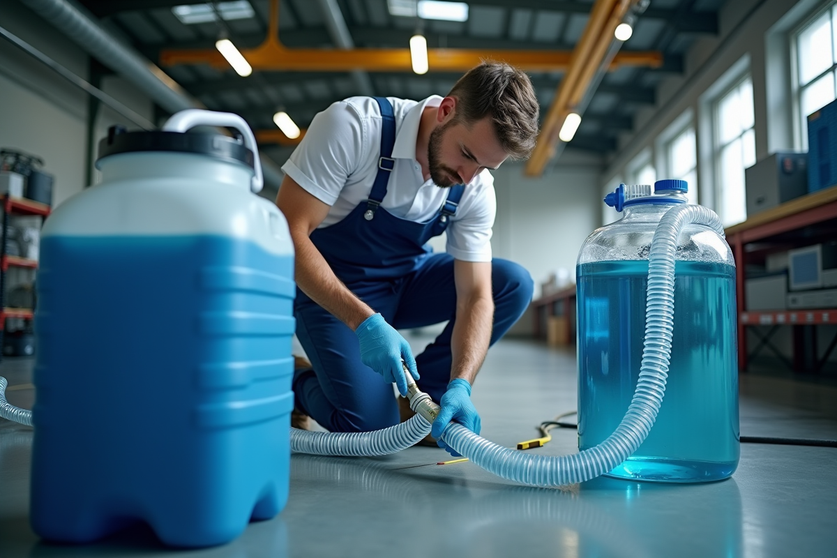 Plombier professionnel installant un long siphon entre deux grands réservoirs