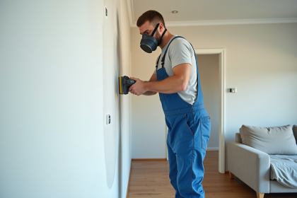 Homme en overalls ponçant un mur en plâtre dans un salon rénové