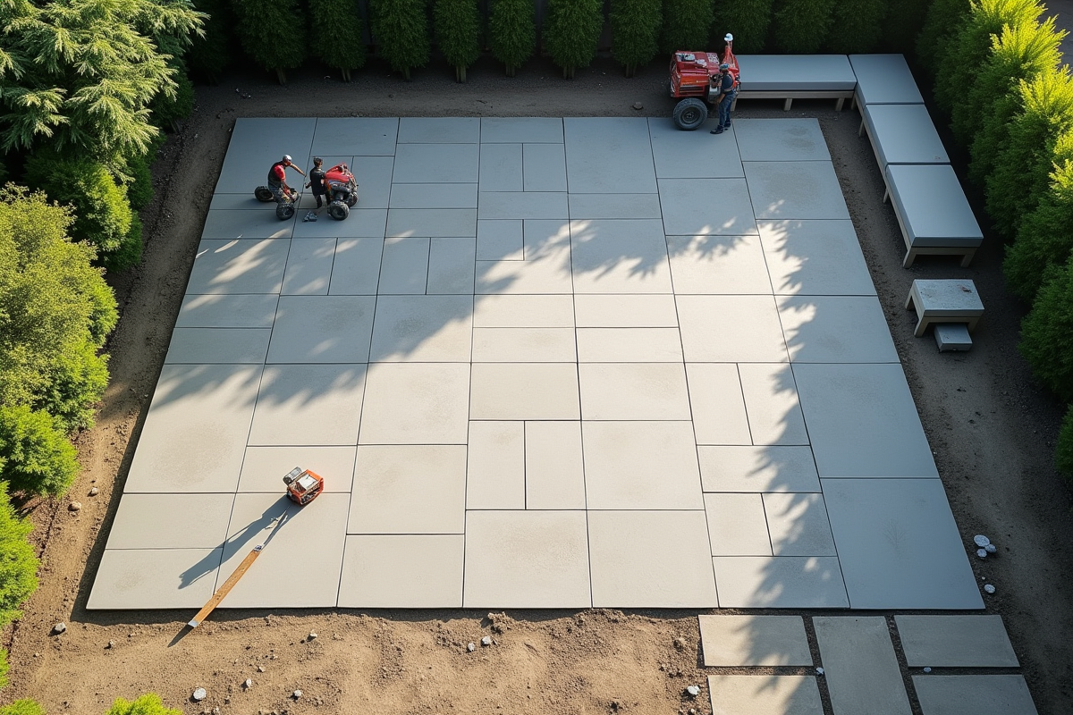 Vue plongeante d un aménagement de jardin avec pavages