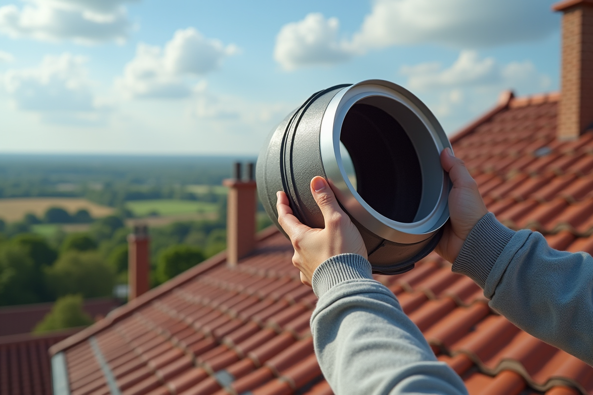 Mains tenant un liner de cheminée flexible sur le toit avec paysage rural en arrière-plan