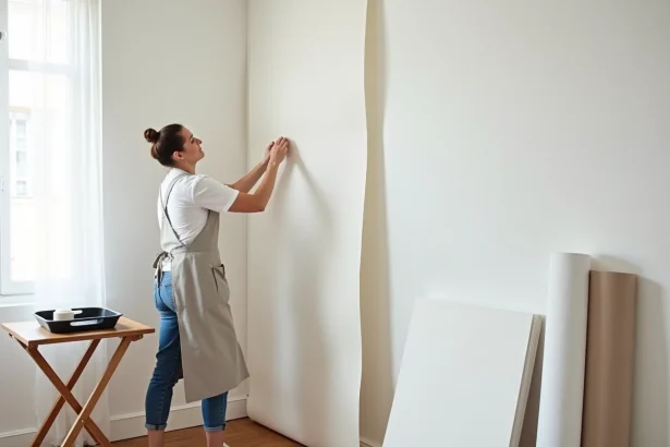 Spécialiste de la rénovation déroulant un papier peint intissé blanc contre un mur dans un appartement parisien en cours de rénovation