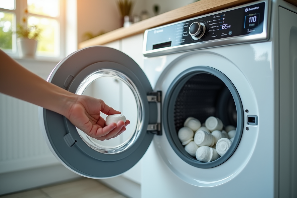 Main plaçant capsules de lessive écologique dans lave-linge moderne