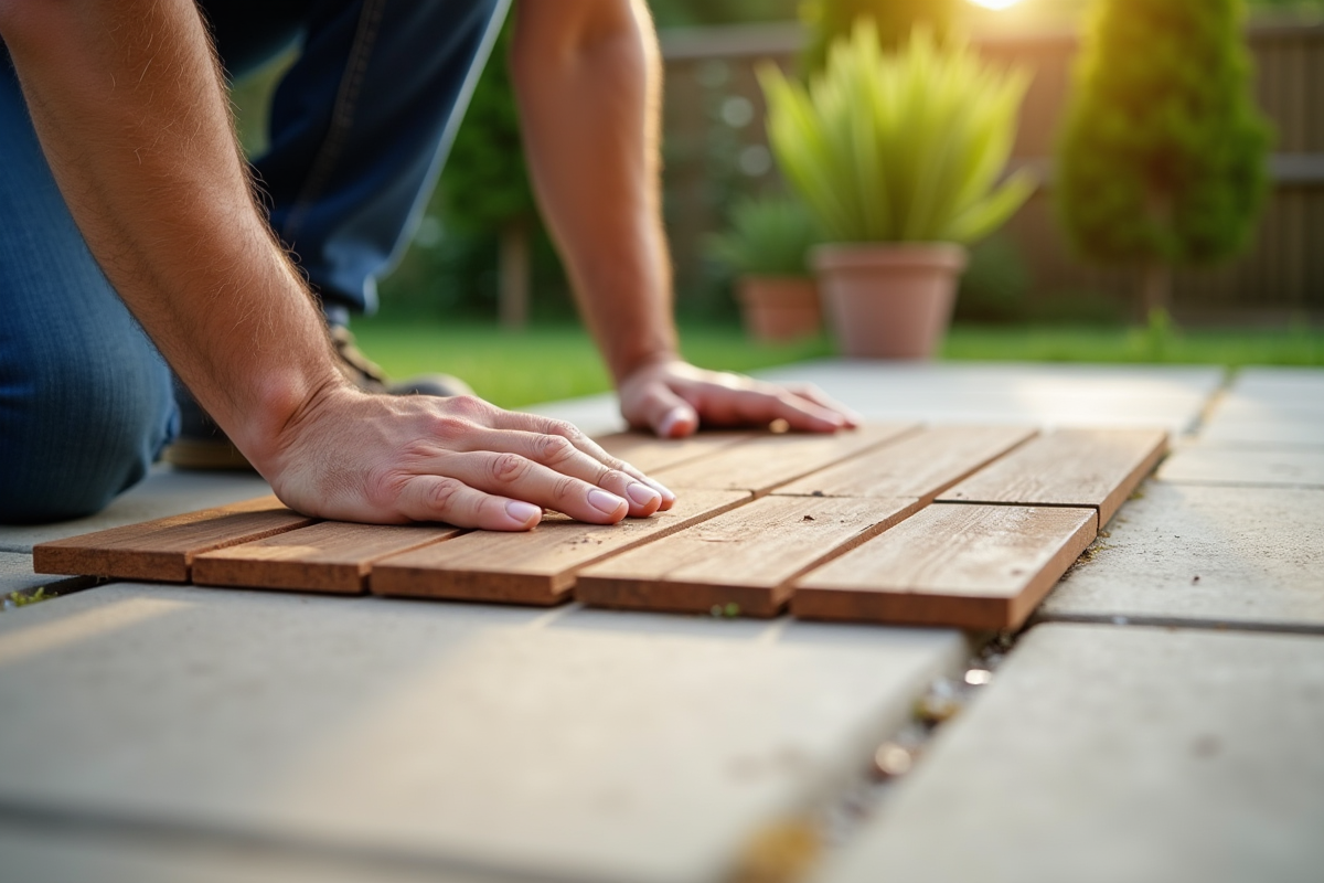 Poseur de dalles en bois composite sur patio ensoleille