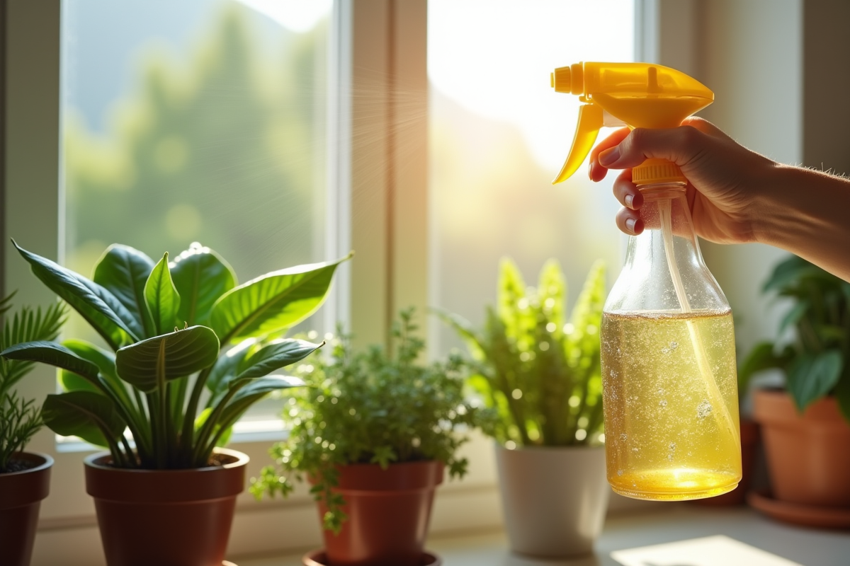 Main pulvérisant un spray anti-insectes maison sur plantes vertes