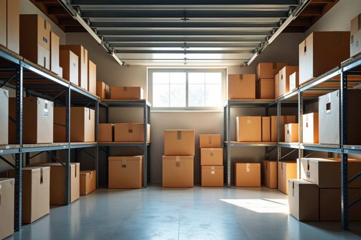 Étagères avec boîtes en garage bien organisé