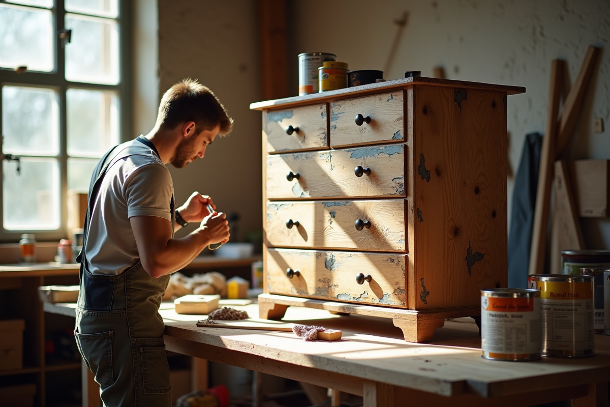Artisan rénovant un vieux meuble en bois dans un atelier lumineux