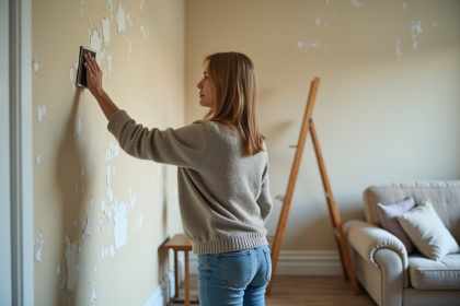 Femme retrait peinture ancienne sur mur intérieur