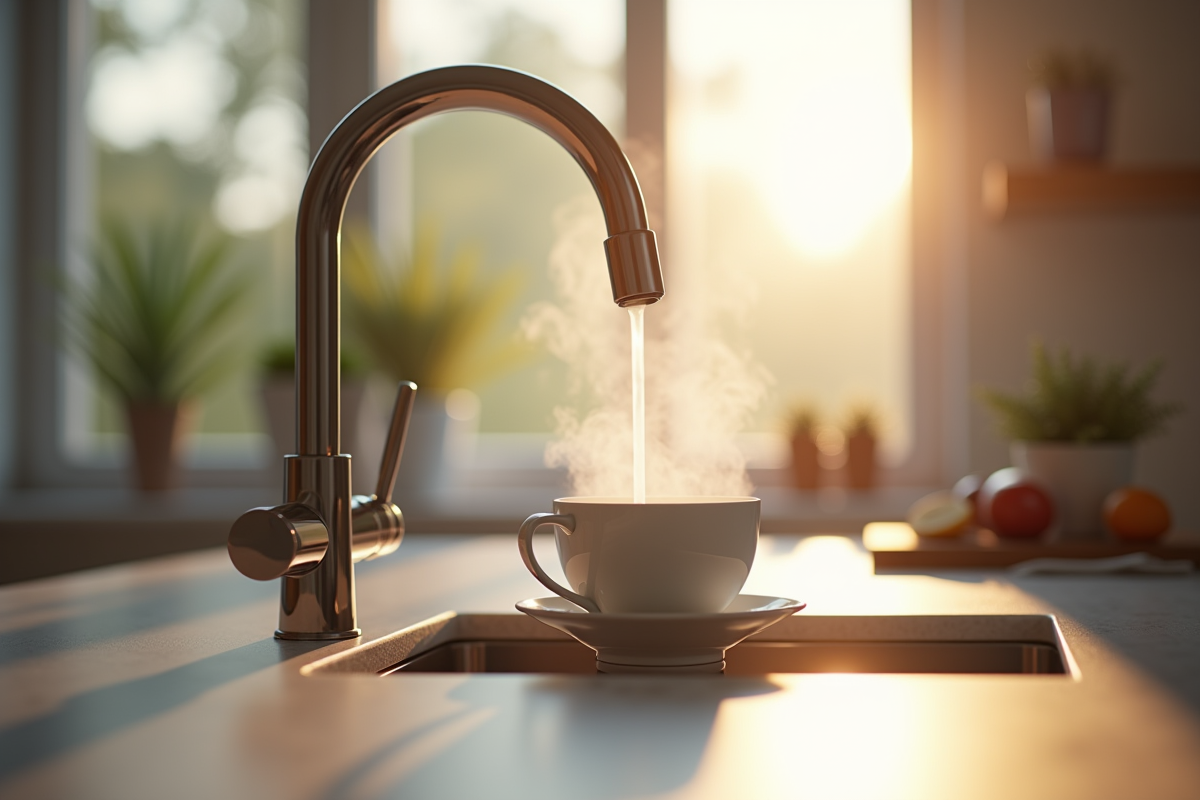 Robinet de cuisine moderne avec eau chaude qui coule dans une tasse