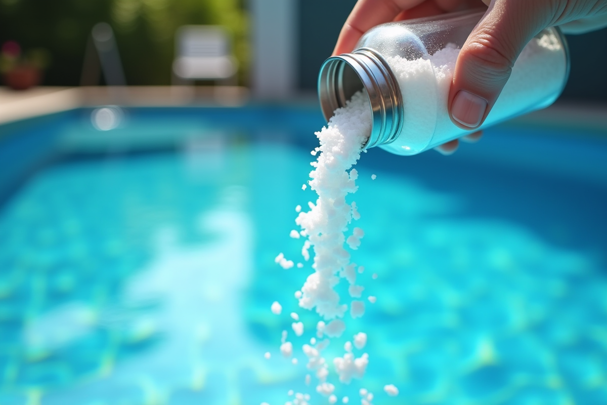 Salière versant du sel dans une piscine bleue en plein soleil