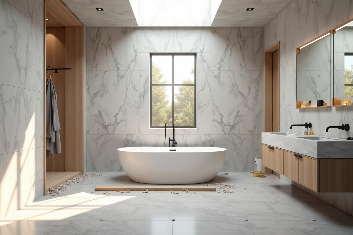 Salle de bain de luxe en rénovation avec baignoire et carrelage