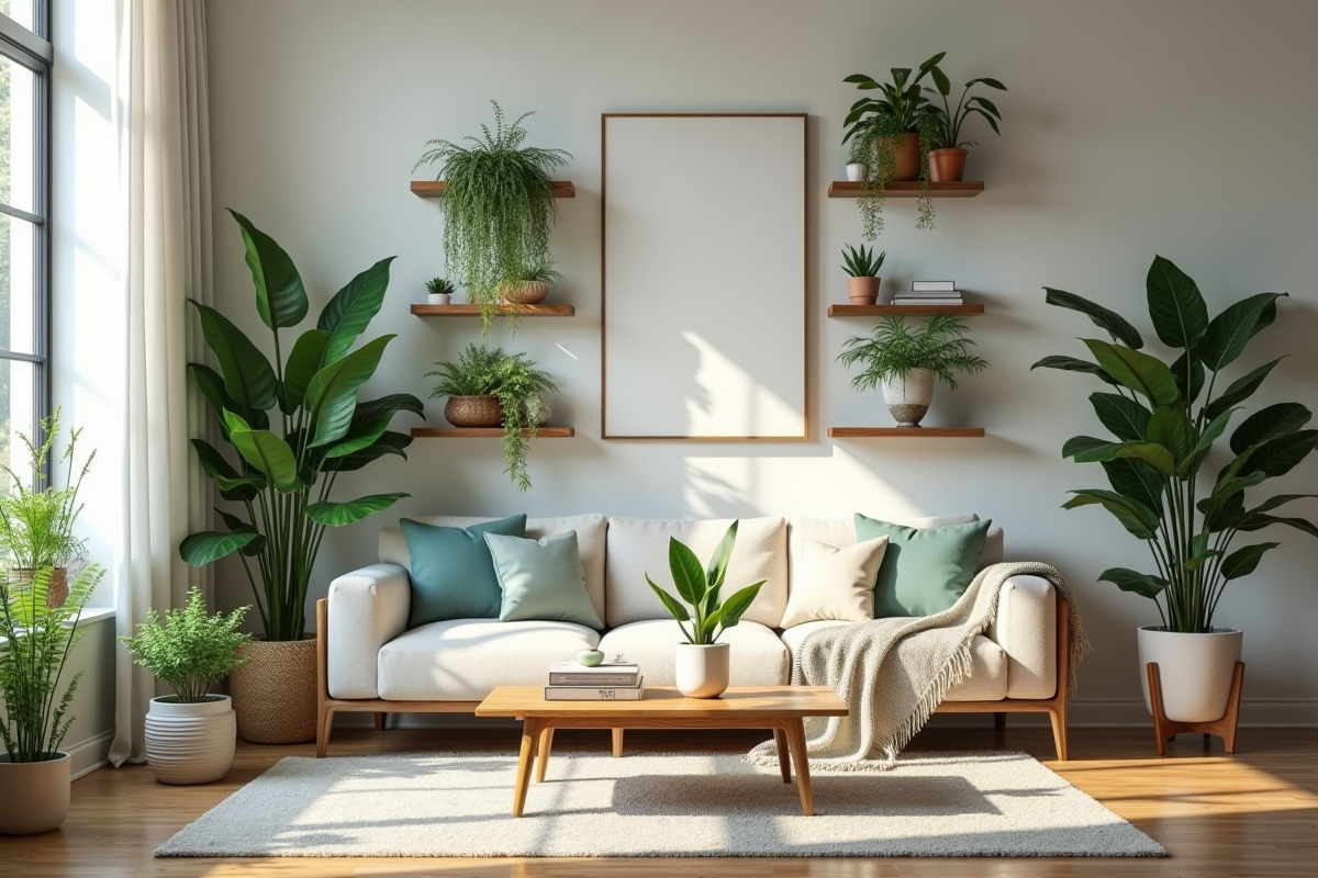 Salon moderne avec plantes d'air purifiant comme snake plant