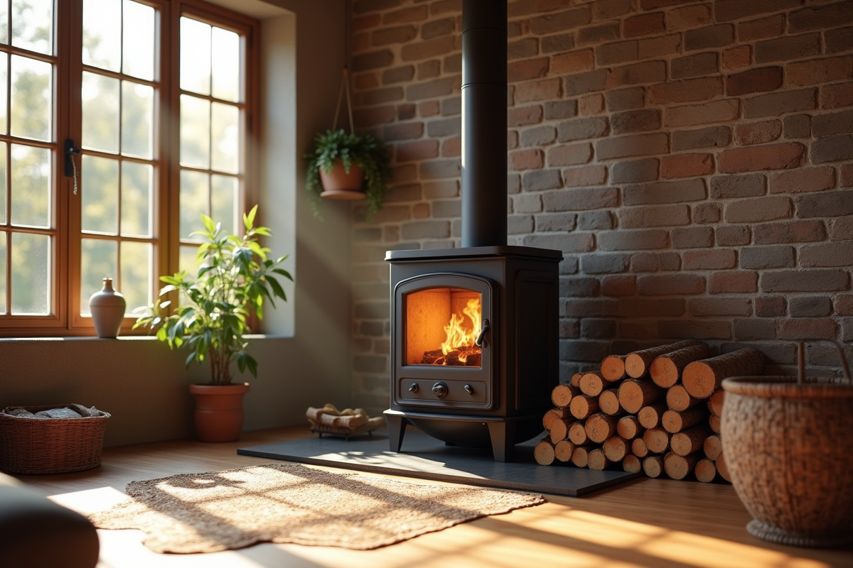 Salon chaleureux avec poêle à bois moderne et bois de chauffage