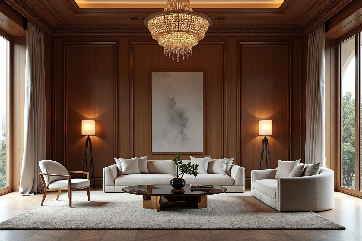 Salon classique avec haut plafonds et chandelier élégant