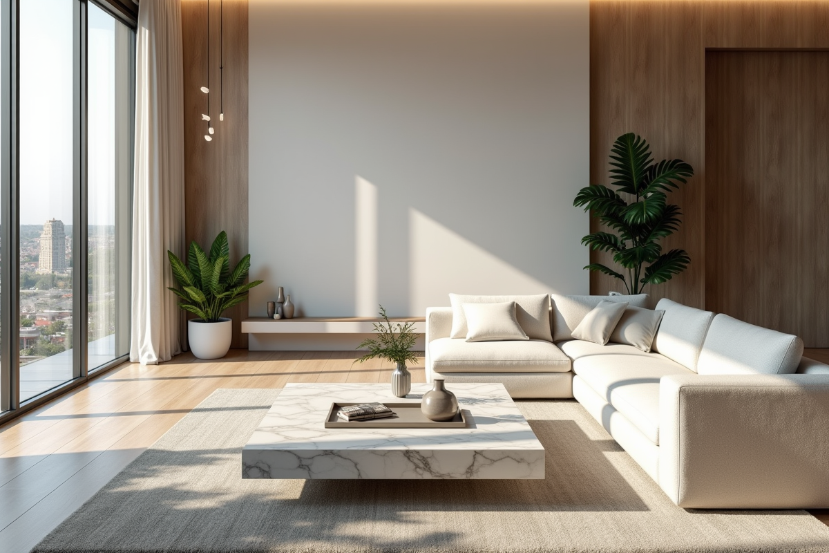 Salon contemporain lumineux avec grandes fenêtres et canapé moderne
