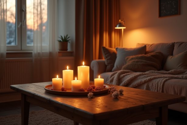 Salon chaleureux au crépuscule avec bougies et lumière naturelle