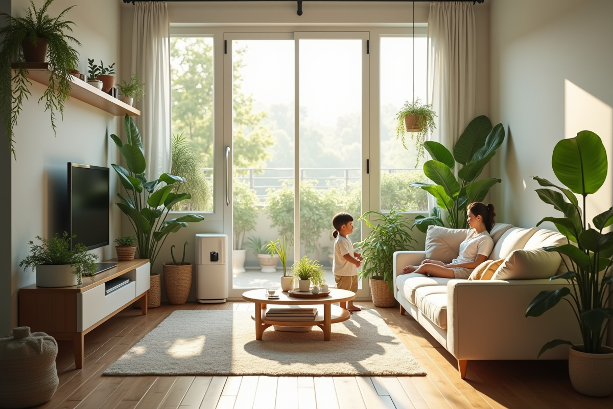 Salon lumineux avec purificateur d'air et plantes vertes