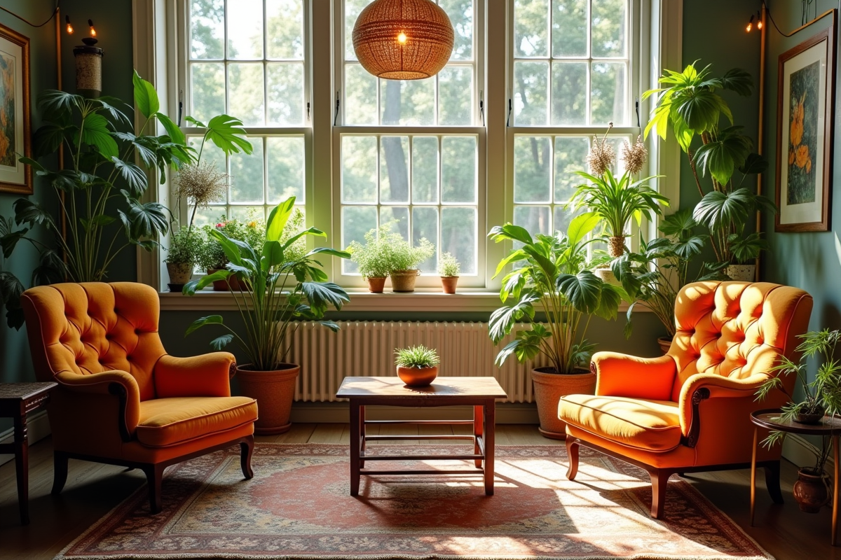 Salon cosy avec meubles vintage restaurés et plantes vertes