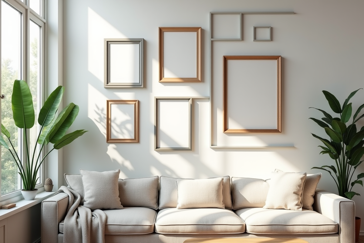 Salon moderne avec murs décorés de cadres colorés