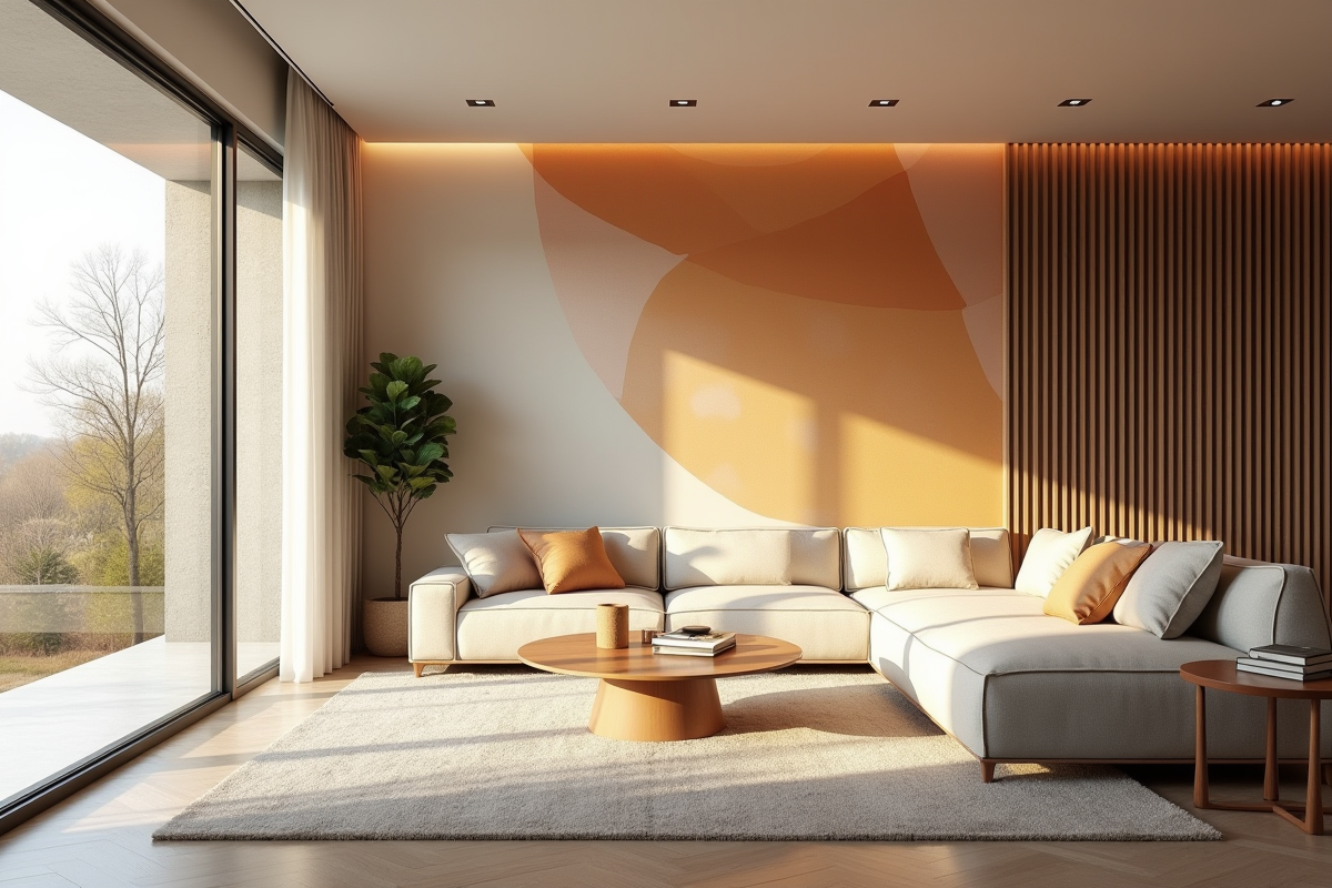 Salon moderne avec mur géométrique tendance 2025