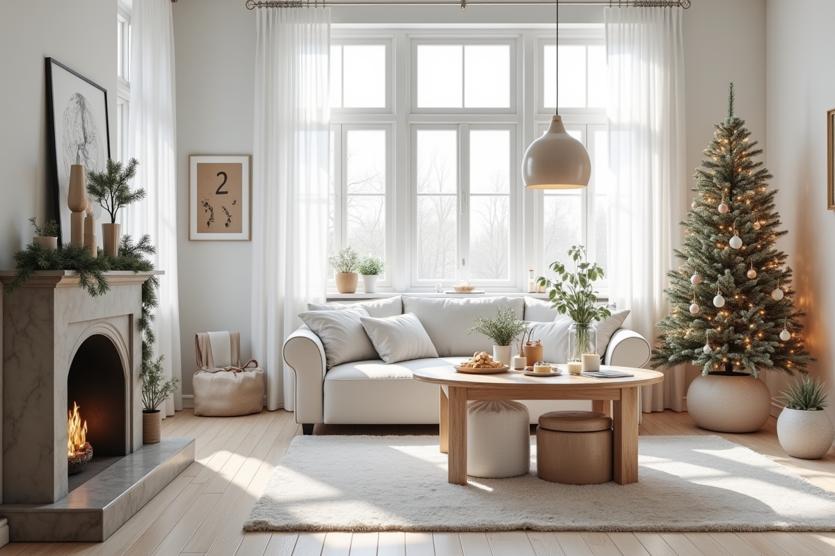 Salon scandinave moderne décoré pour Noël 2025