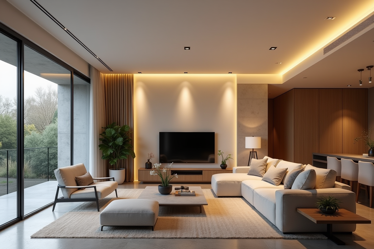 Salon moderne avec spots LED à différentes températures de lumière
