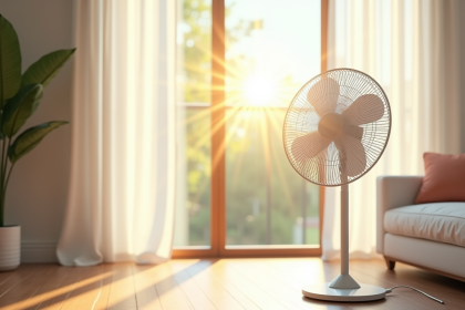 Salon moderne avec ventilateur oscillant près d'une fenêtre