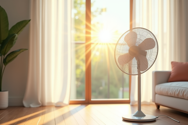Salon moderne avec ventilateur oscillant près d'une fenêtre