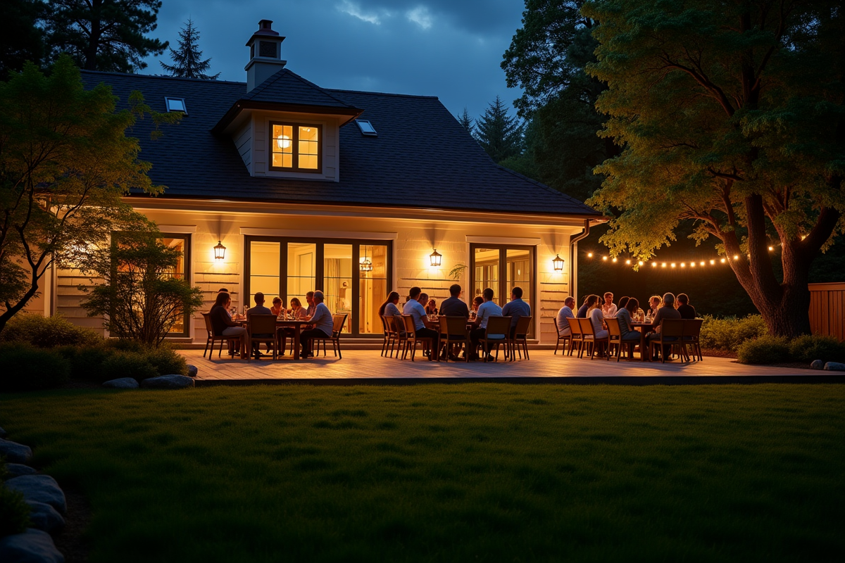 Groupe dans le jardin éclairé pour une soirée conviviale