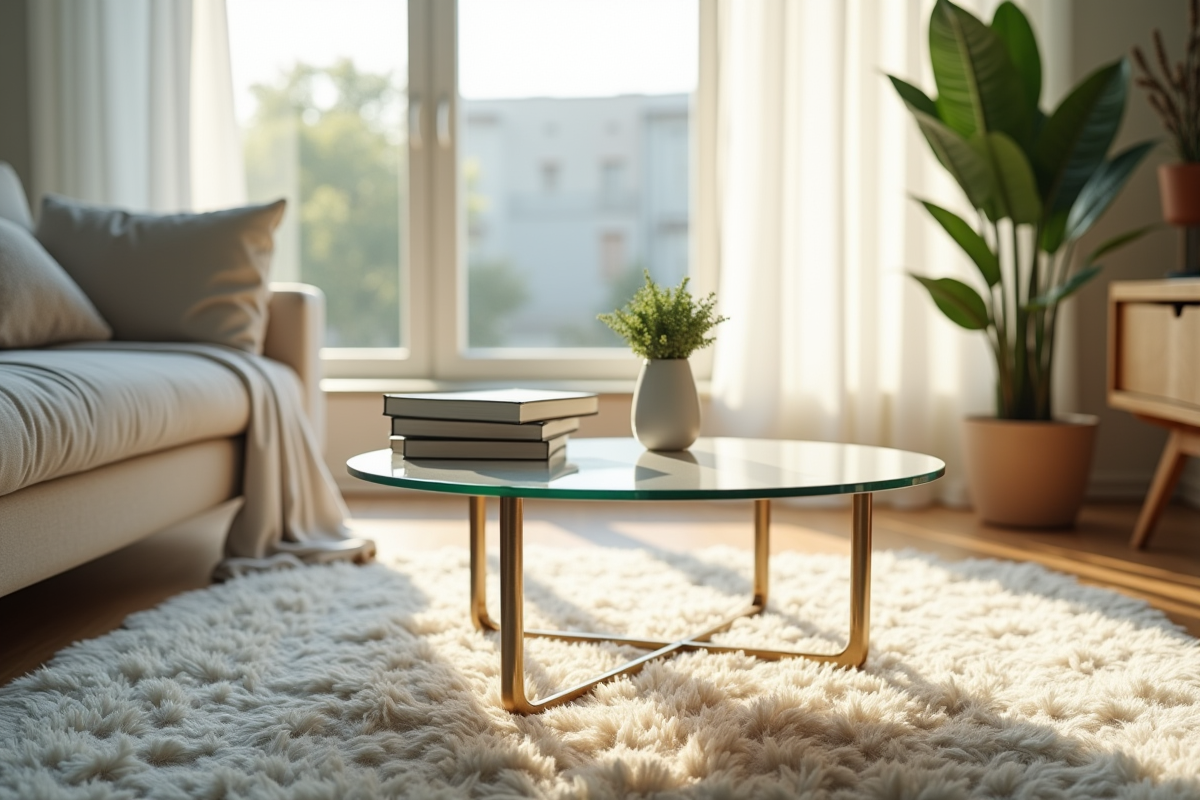 Table basse moderne avec pieds métalliques dans un salon lumineux