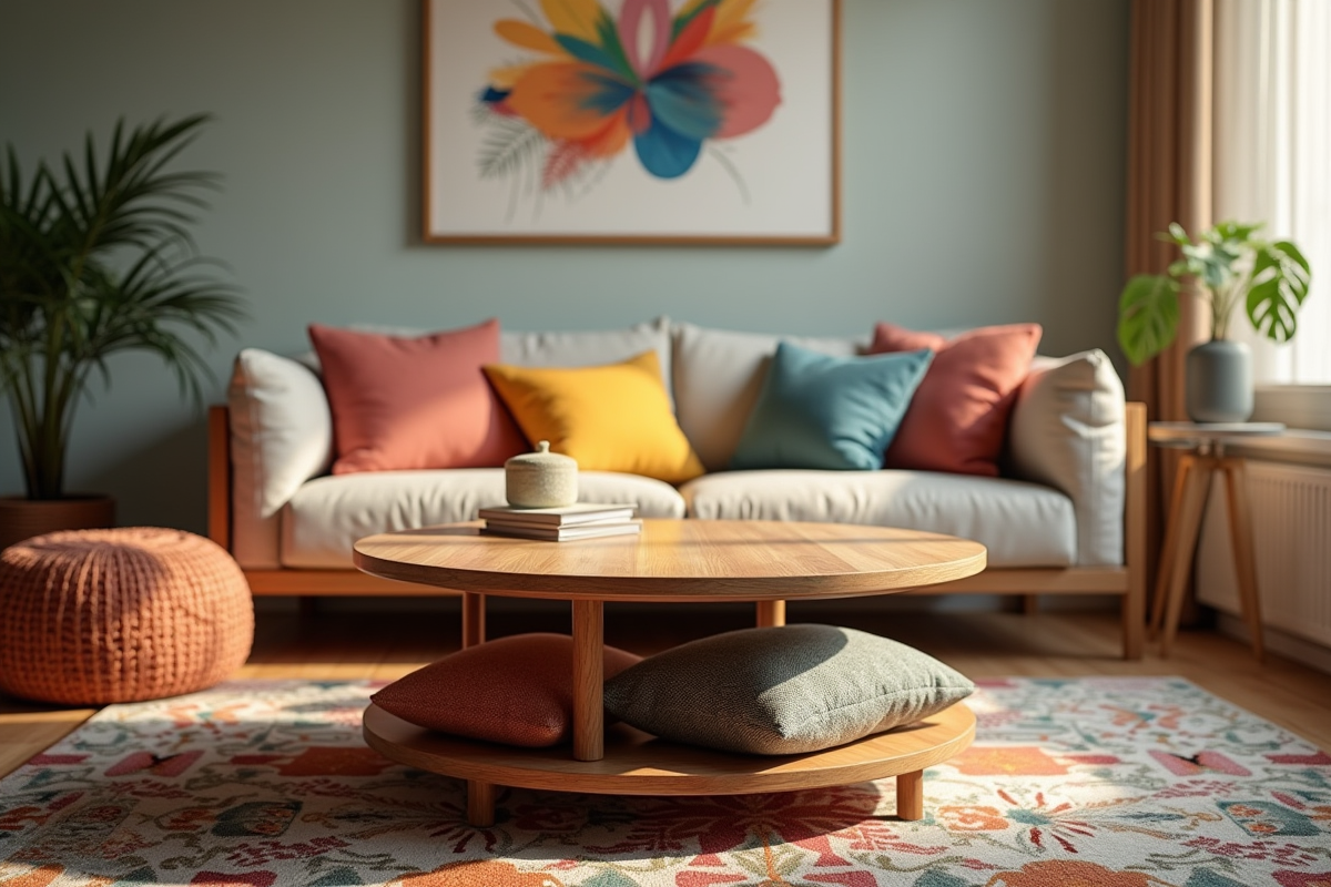 Table ronde en bois avec rangement dans un salon coloré et cosy