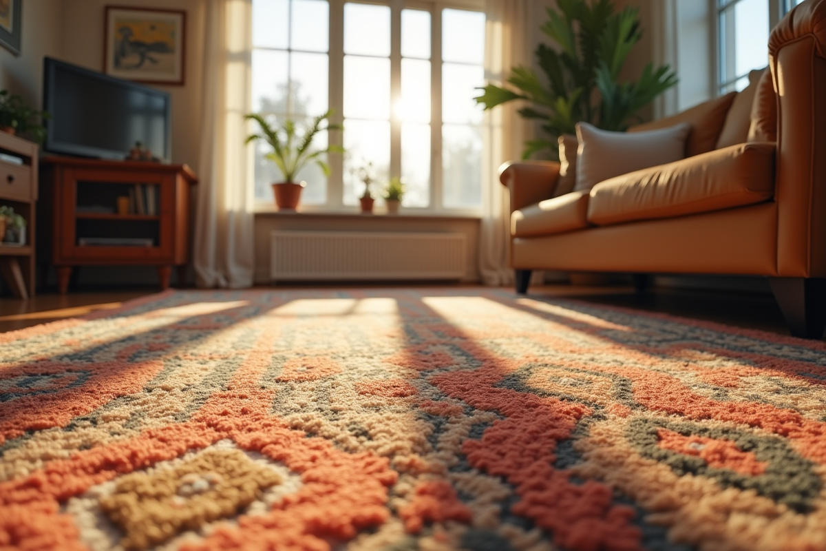 Tapis berbère vintage avec motifs géométriques dans un salon lumineux