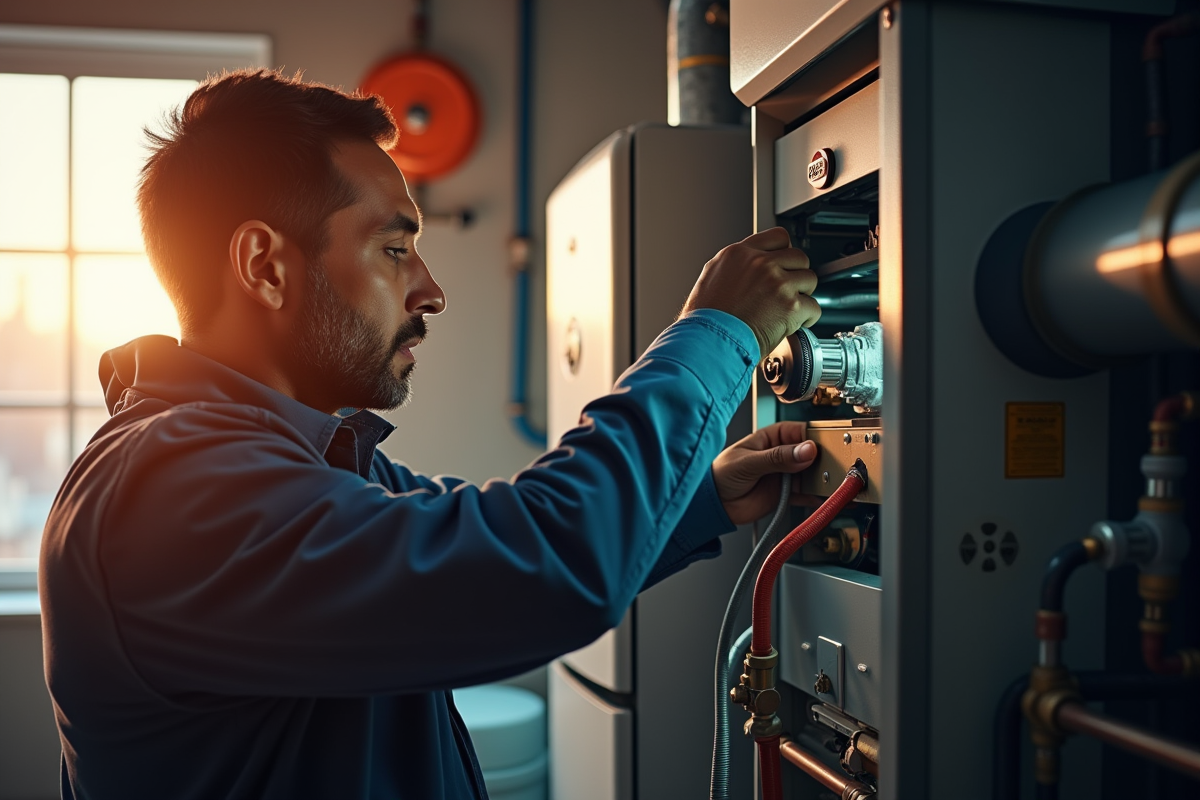 Technicien réparant une chaudière à gaz ouverte dans une pièce lumineuse