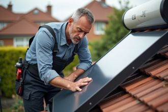 Homme inspectant un panneau solaire sur le toit d'une maison