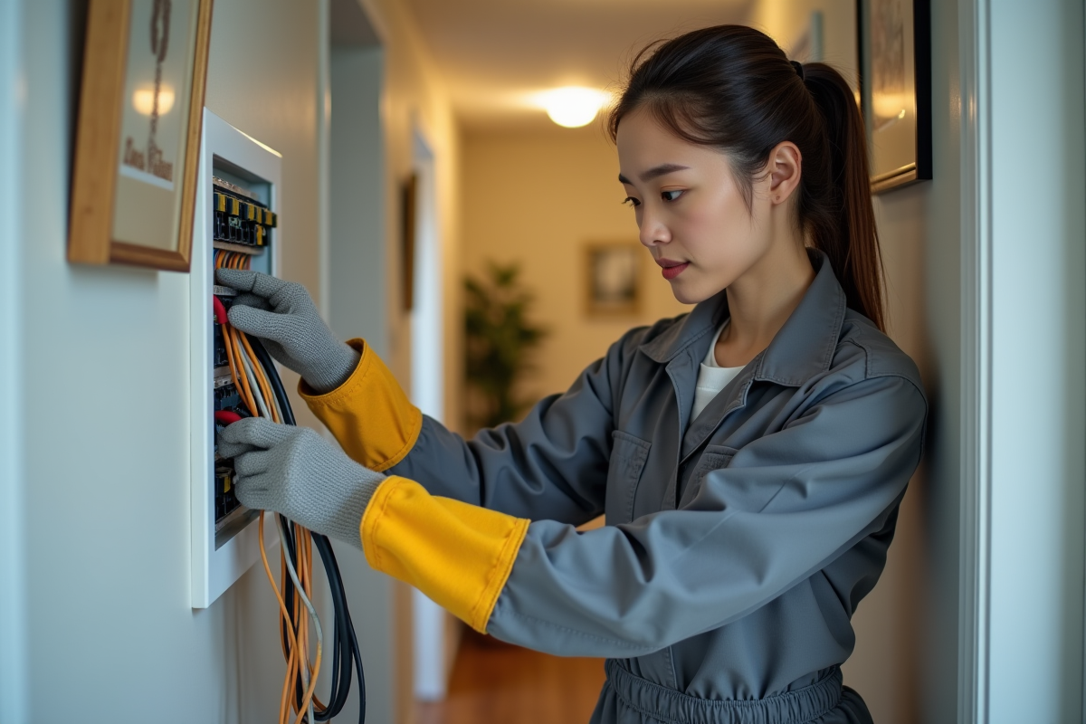 Jeune femme technicienne examinant des câbles électriques