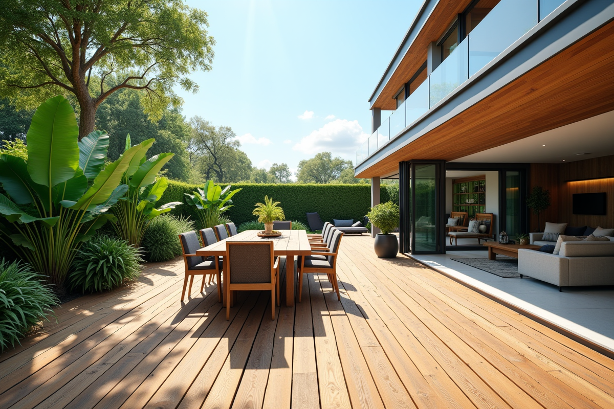 Terrasse en bois moderne avec espace repas extérieur