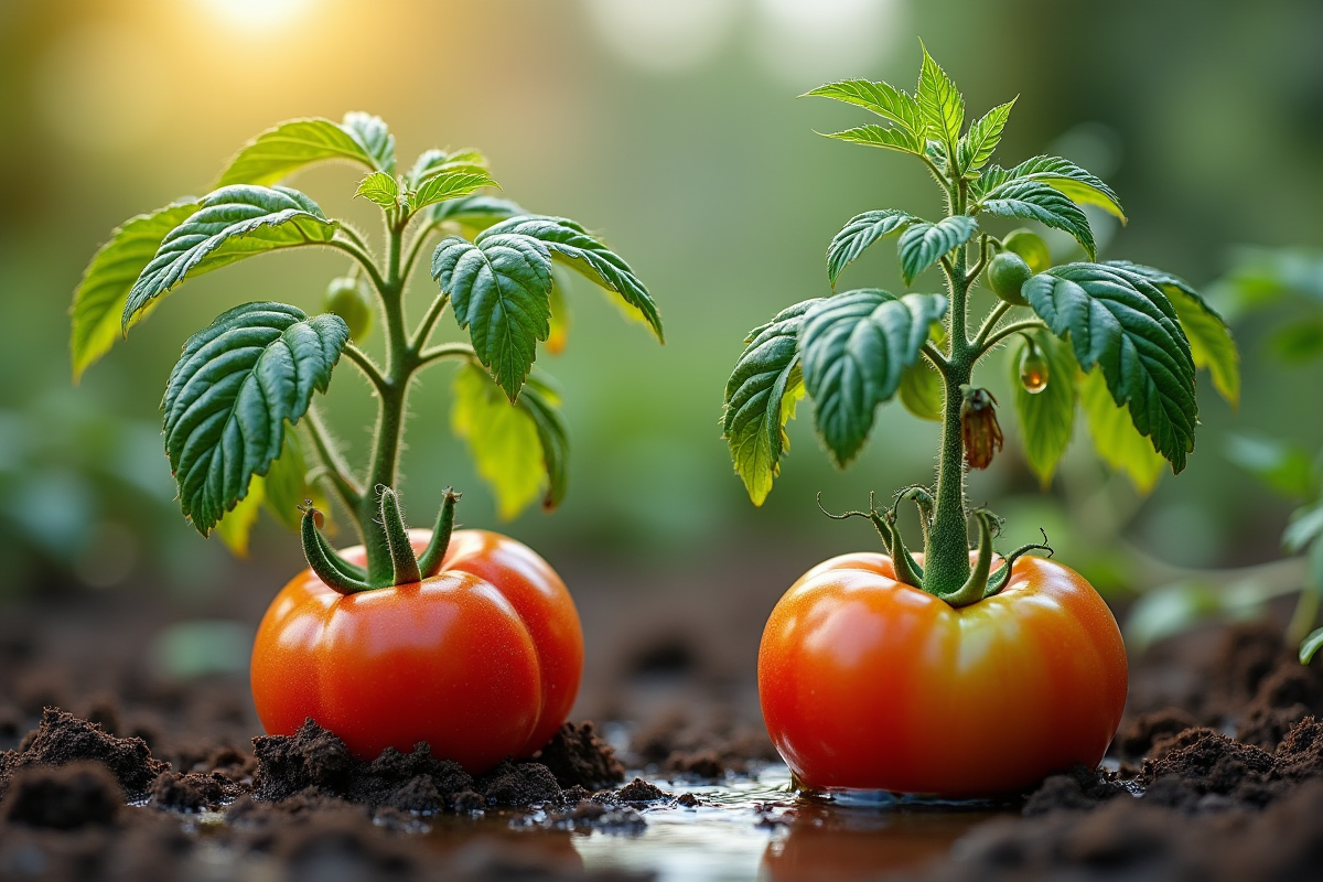 Deux plants de tomates avec feuilles jaunes et sol détrempé montrant sous et sur arrosage