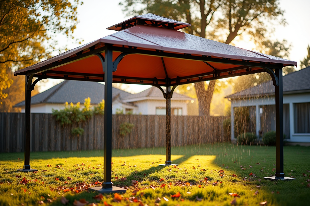 Tonnelle métallique dans un jardin après la pluie avec feuilles